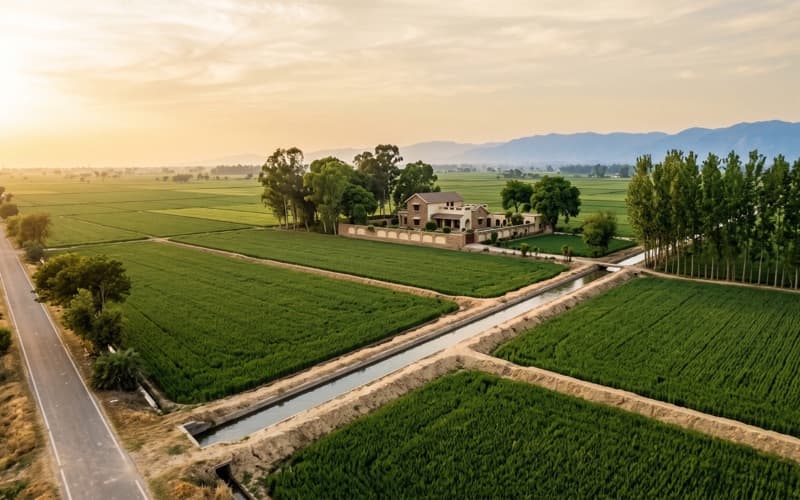 Wide green Punjab farmland divided by an irrigation channel, with a farmhouse and distant foothills
