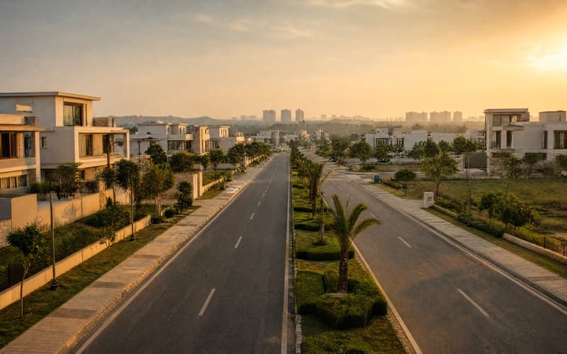 A landscaped divided boulevard through a low-rise residential development, with villas either side