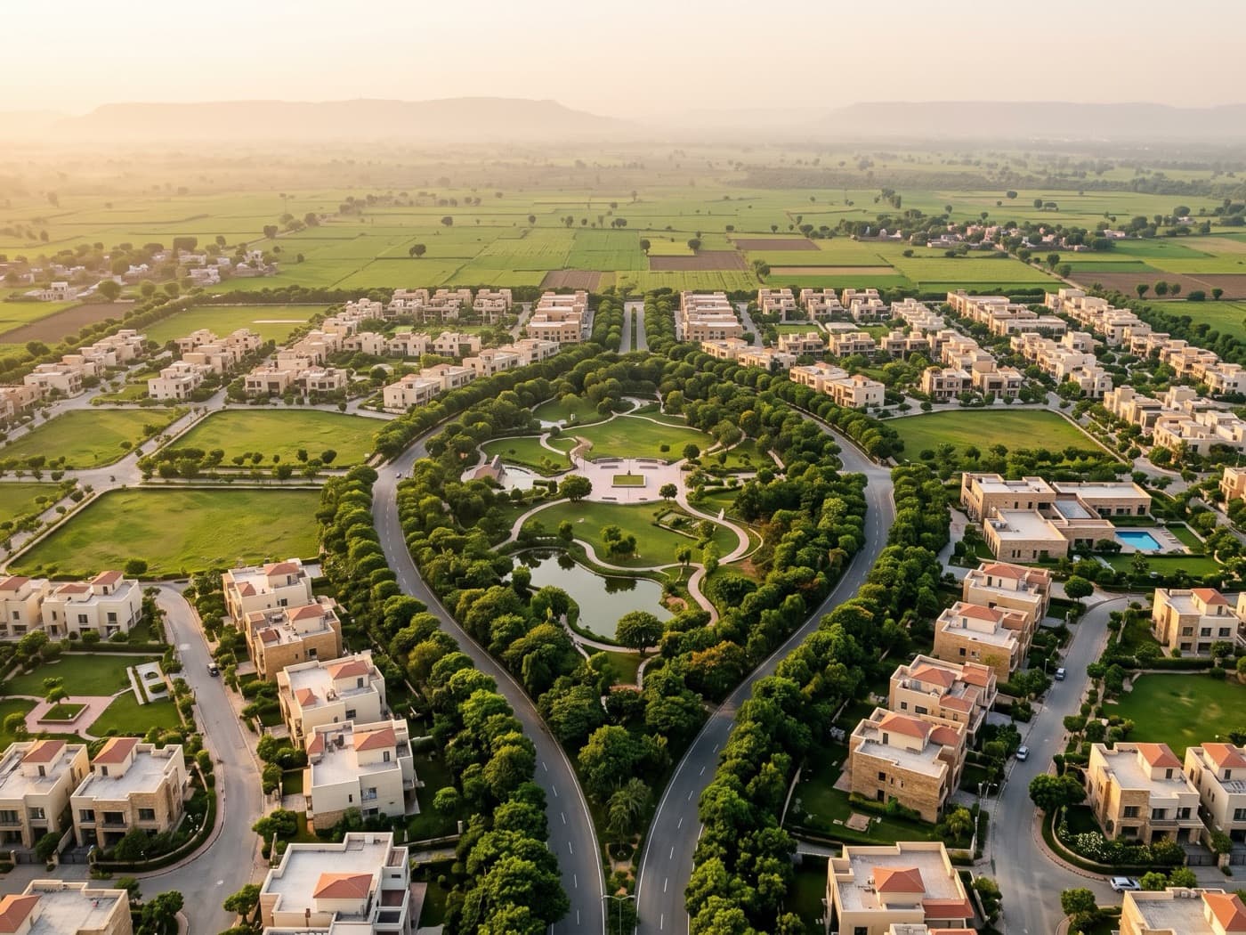 Aerial view of a planned township at golden hour, with tree-lined avenues, villas and a central park