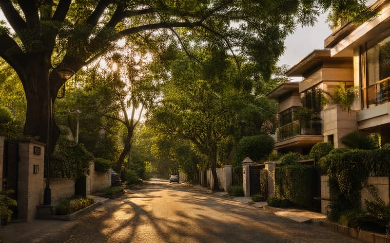 A mature tree-lined street in an established colony, with completed houses behind planted boundaries